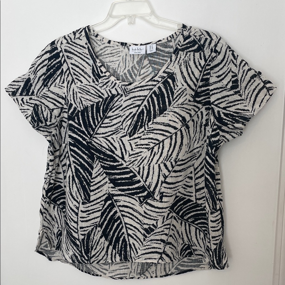 Nicole Miller 100% Linen Black Palm Print Top Size 1X Tropical Coastal Lagenlook